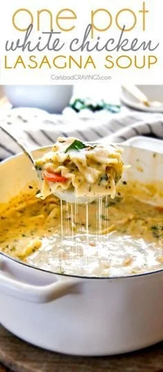 Creamy white chicken lasagna soup in a bowl, hearty and delicious.