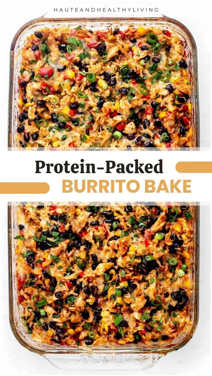 Delicious protein-packed burrito bake served in a casserole dish