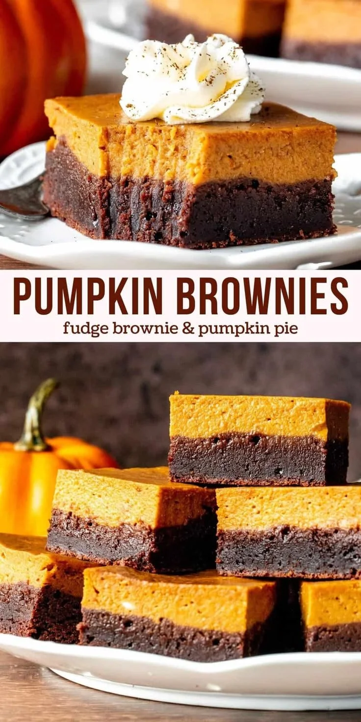 Delicious homemade pumpkin brownies topped with chocolate drizzle