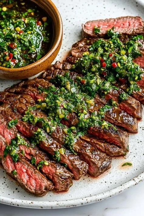 Delicious chimichurri steak served on a plate with fresh herbs and vegetables.