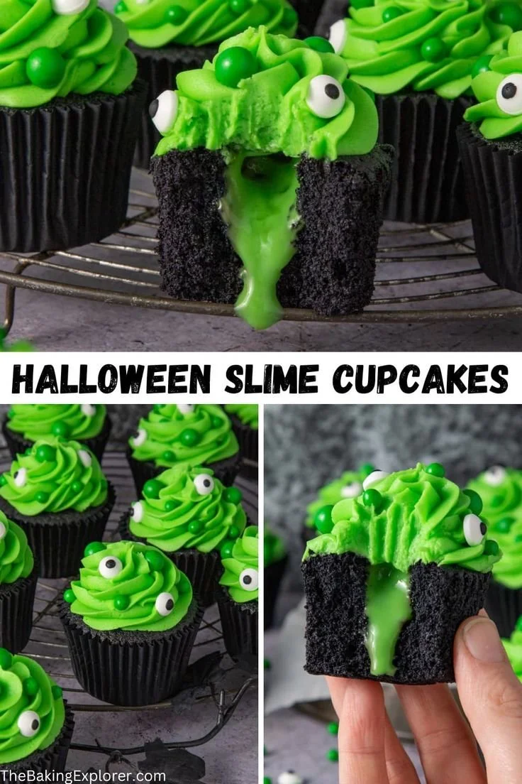 Halloween slime cupcakes with black vanilla sponge, bright green buttercream, and candy eyes.