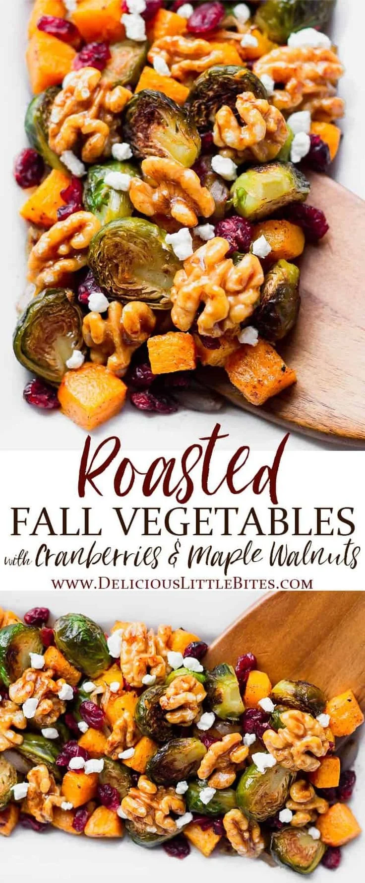 Roasted fall vegetables with cranberries and maple walnuts served in a bowl.