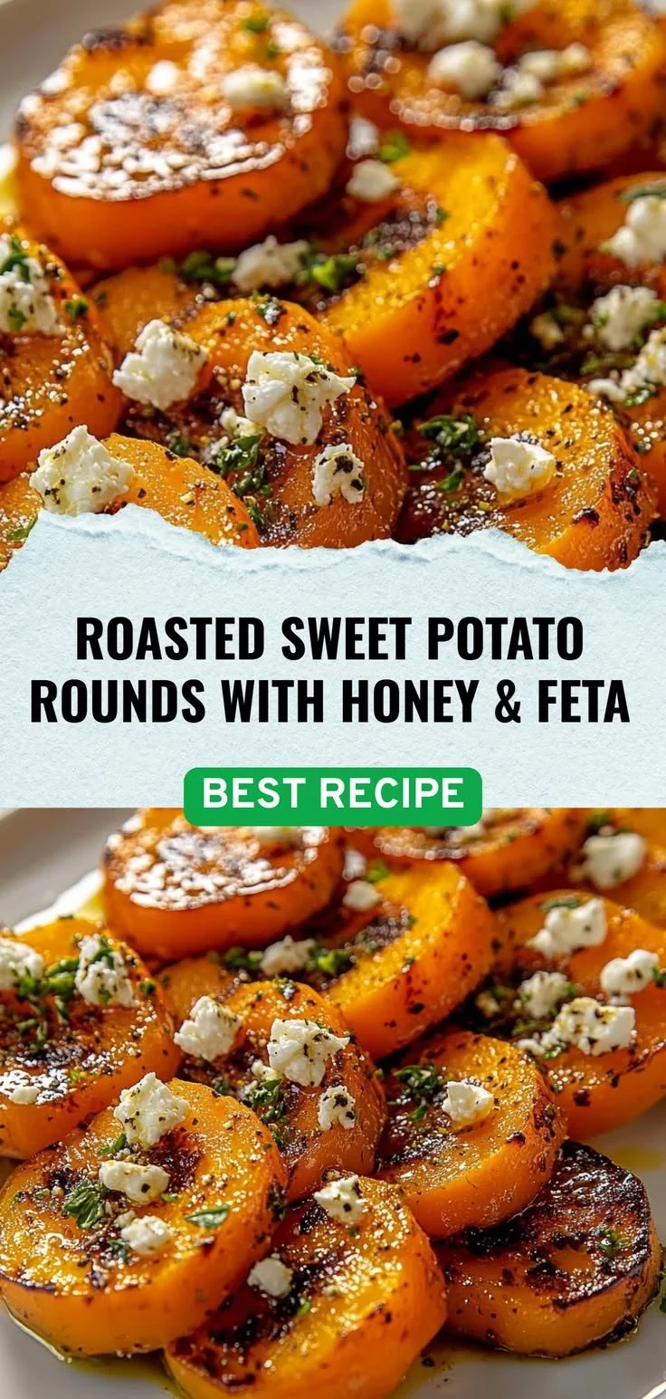 Roasted sweet potato rounds topped with honey and feta cheese