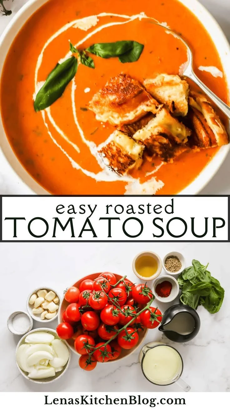 Creamy roasted tomato basil soup served in a bowl with fresh basil leaves