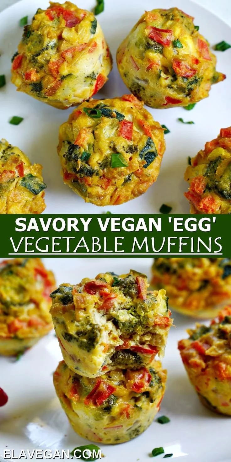 Savory vegetable muffins made with vegan egg mixture, perfect for brunch.