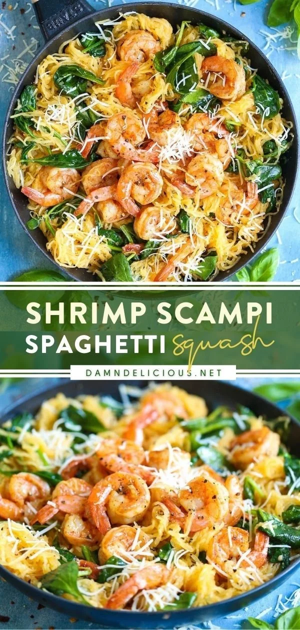 Shrimp scampi served over roasted spaghetti squash for a healthy meal.