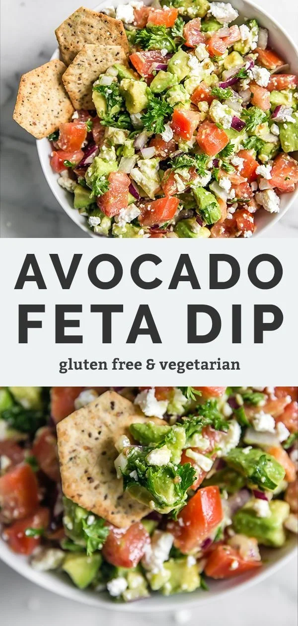 Bowl of simple avocado feta dip with fresh herbs for dipping.