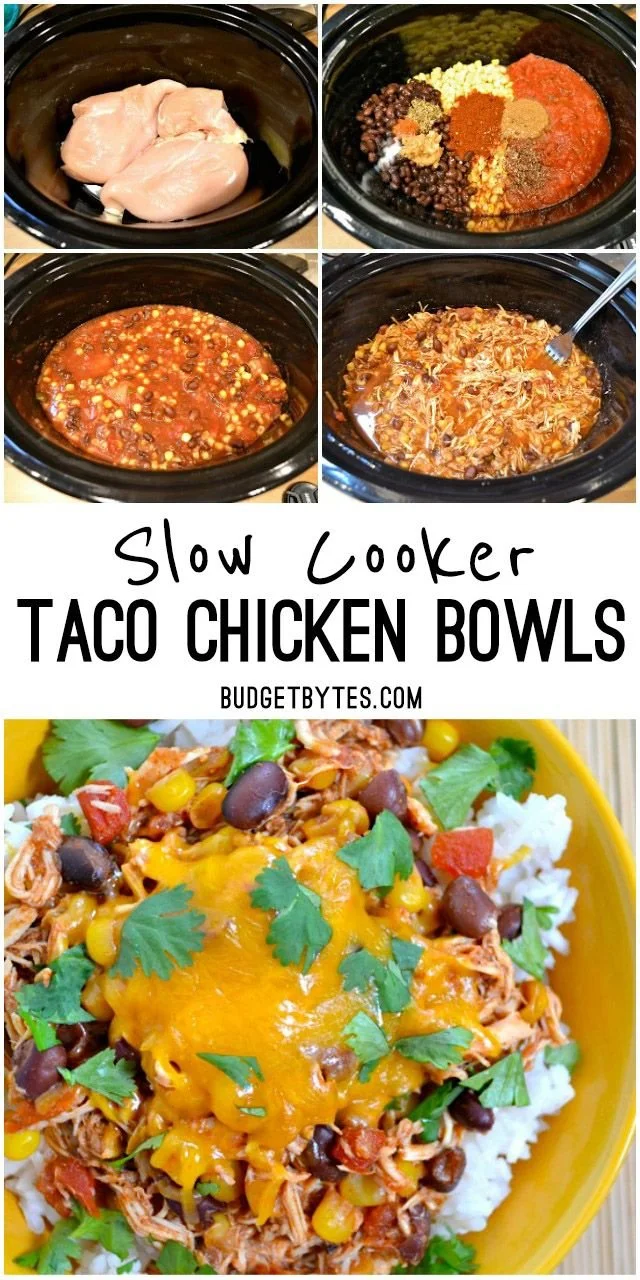 Delicious slow cooker taco chicken bowls served in a colorful bowl