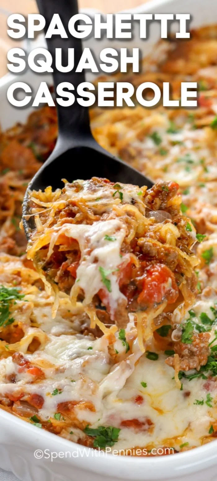 Healthy spaghetti squash casserole topped with hamburger and cheese