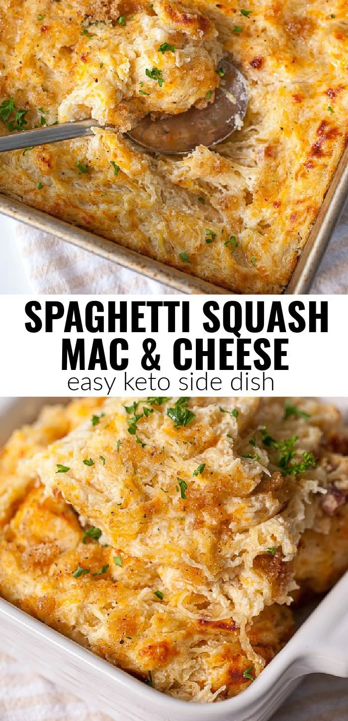 Bowl of Spaghetti Squash Mac and Cheese topped with herbs and cheese.