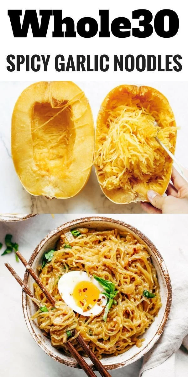 A plate of spicy spaghetti squash noodles served with fresh herbs and spices.
