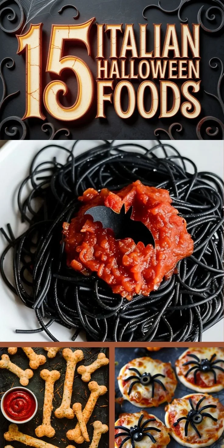 A table set with Italian Halloween foods for a spooky dinner party