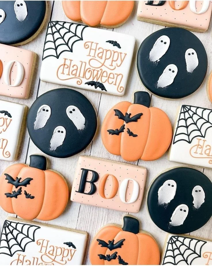 Spooky Halloween cookies and decorated sugar pumpkins for festive treats