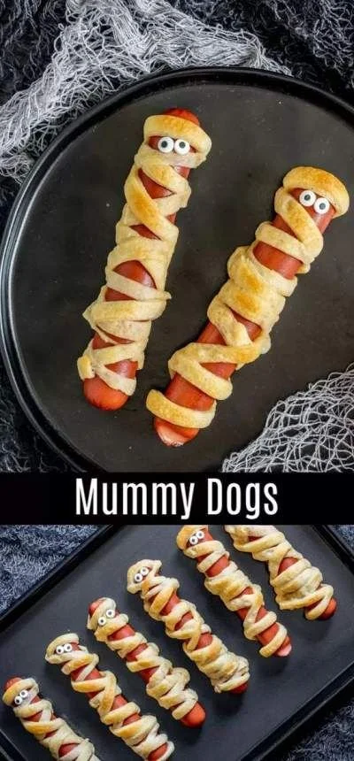Spooky Halloween hotdog mummies wrapped in pastry for a festive treat.