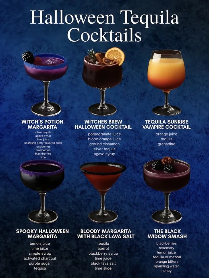 Spooky tequila cocktail garnished with Halloween-themed decorations