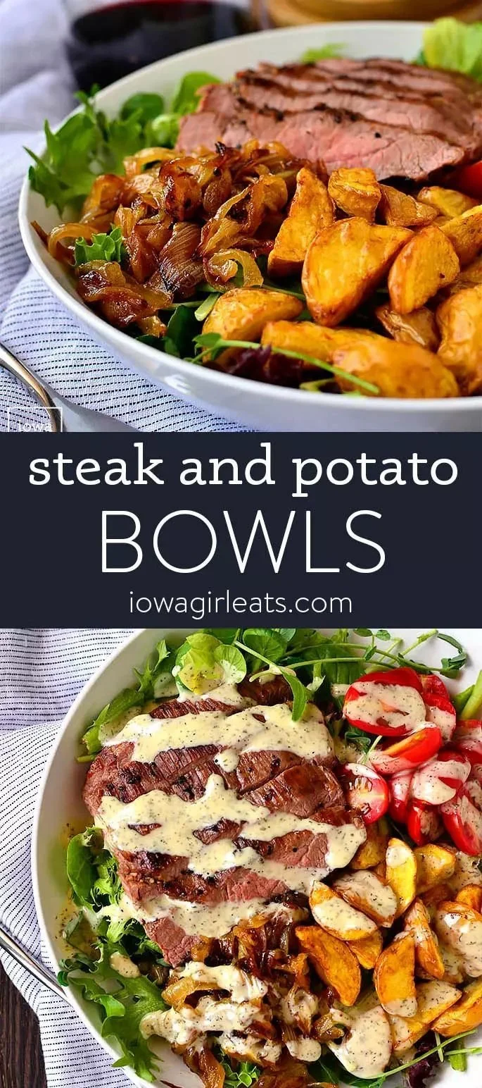 Hearty steak and potato bowls topped with fresh ingredients and spices.