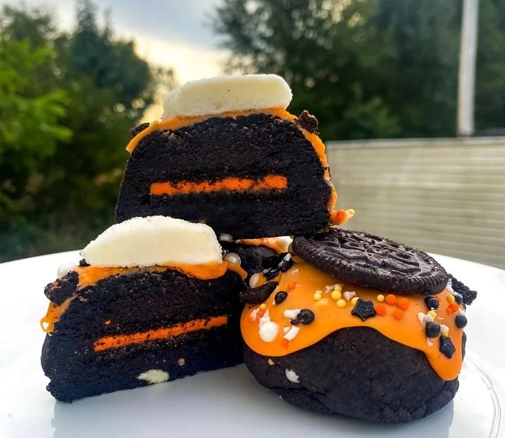 Stuffed Halloween Oreo Cookie with black cocoa in a festive setting