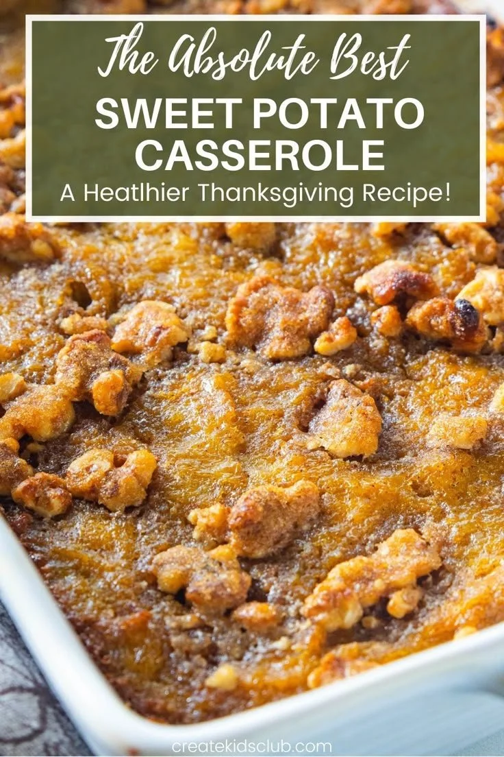 Healthy sweet potato casserole topped with pecans for Thanksgiving dinner.