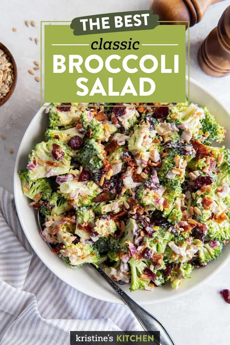 Delicious broccoli salad with nuts and dressing on a plate