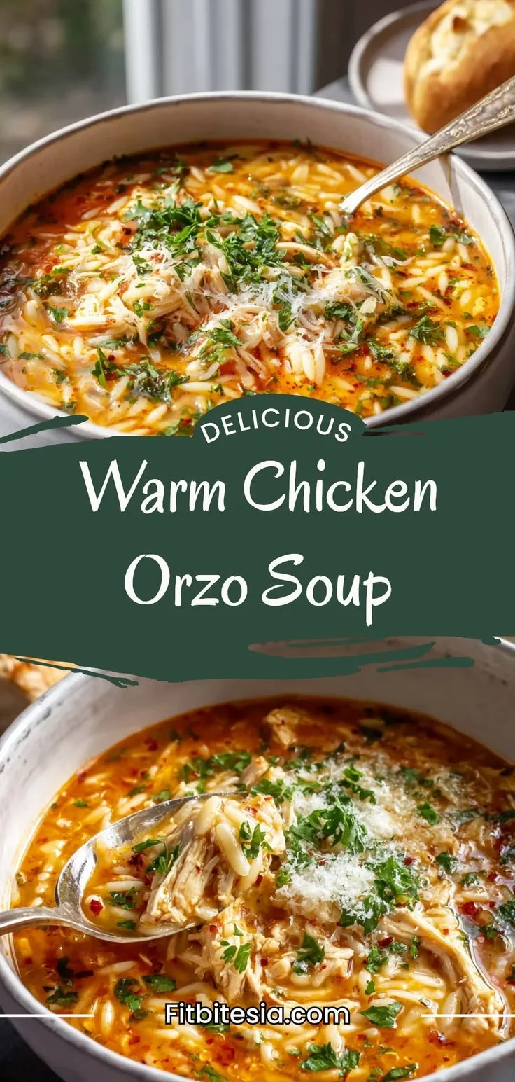 Bowl of warm chicken orzo soup topped with herbs and spices