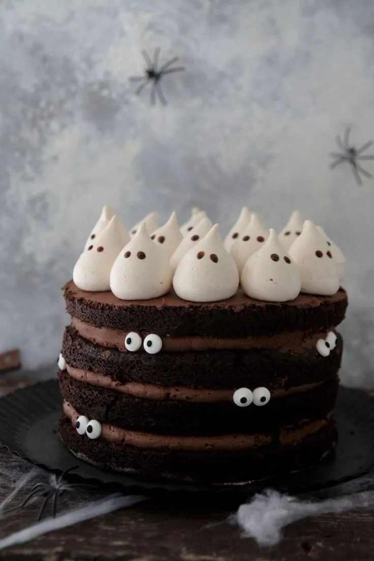 Spooky Halloween chocolate cake decorated for a Halloween party