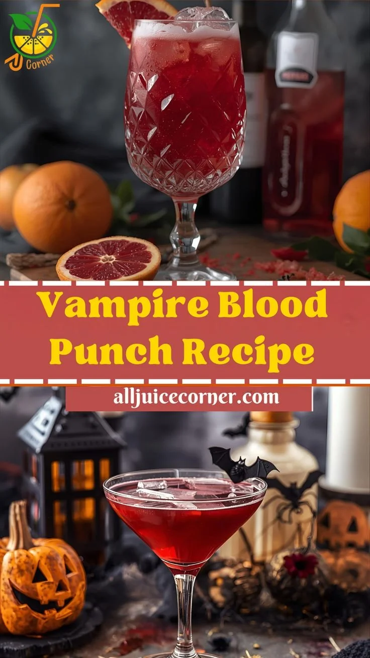 Vampire Blood Punch in a spooky Halloween setting with garnishes.