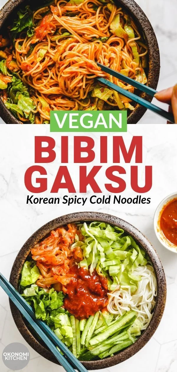 Vegan Bibim Gaksu, a colorful bowl of Korean spicy cold noodles topped with vegetables.