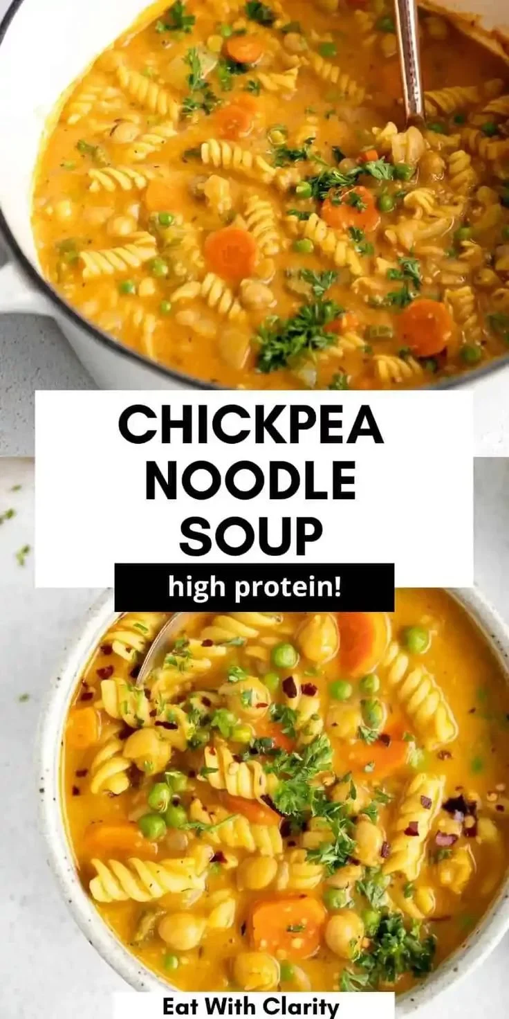 Bowl of vegan chickpea noodle soup with fresh herbs and vegetables