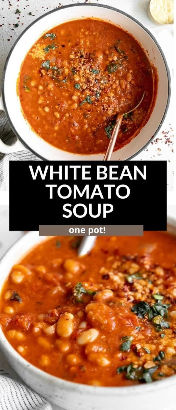 Bowl of white bean tomato soup garnished with fresh herbs and served with bread.