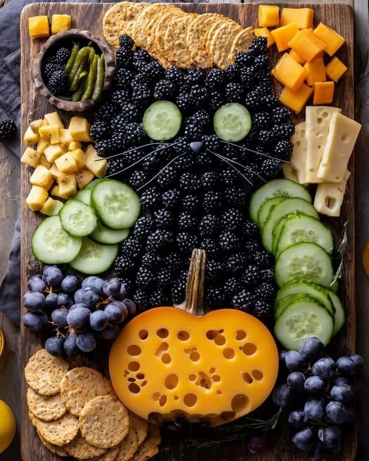 Witch cat party charcuterie platter with spooky-themed snacks