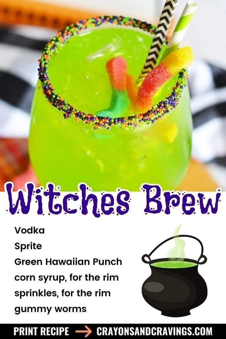 Witches Brew Cocktail served in a spooky glass with colorful ingredients
