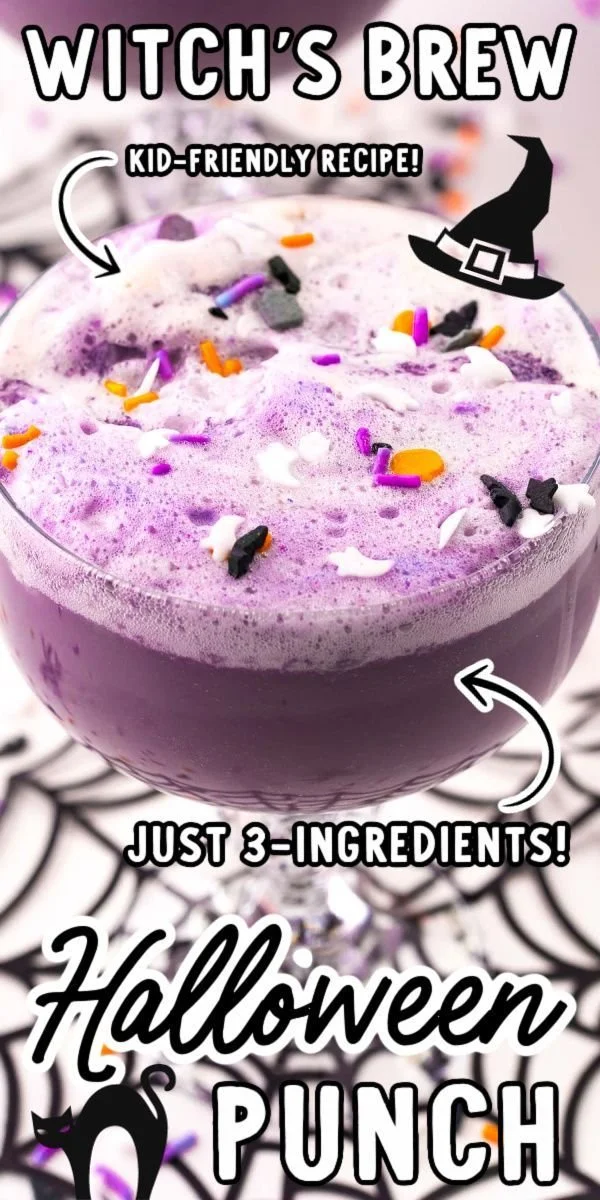 Colorful Witches Brew Punch served in a cauldron for Halloween celebrations