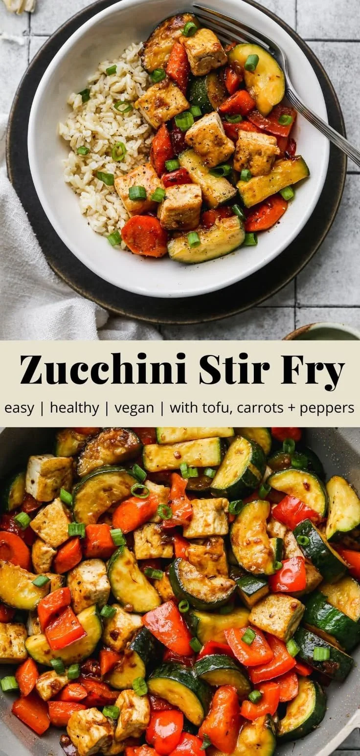 Zucchini stir fry with tofu, a colorful vegan dish, served in a bowl.